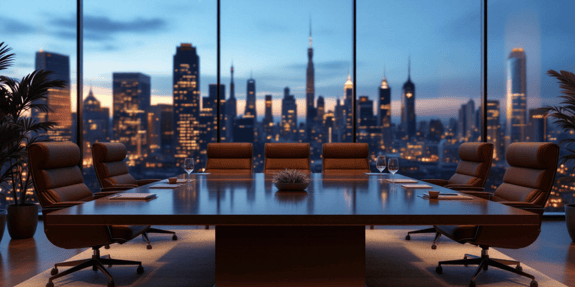 modern conference room table and view of DC from marketing building