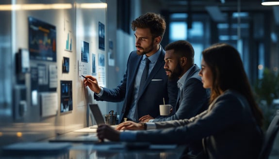 executive team discussing data on a whiteboard