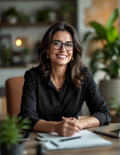 executive cmo woman poses at office desk