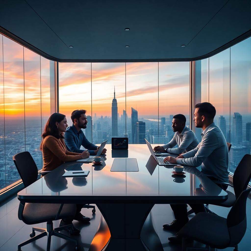 diverse saas team strategy meeting in urban office