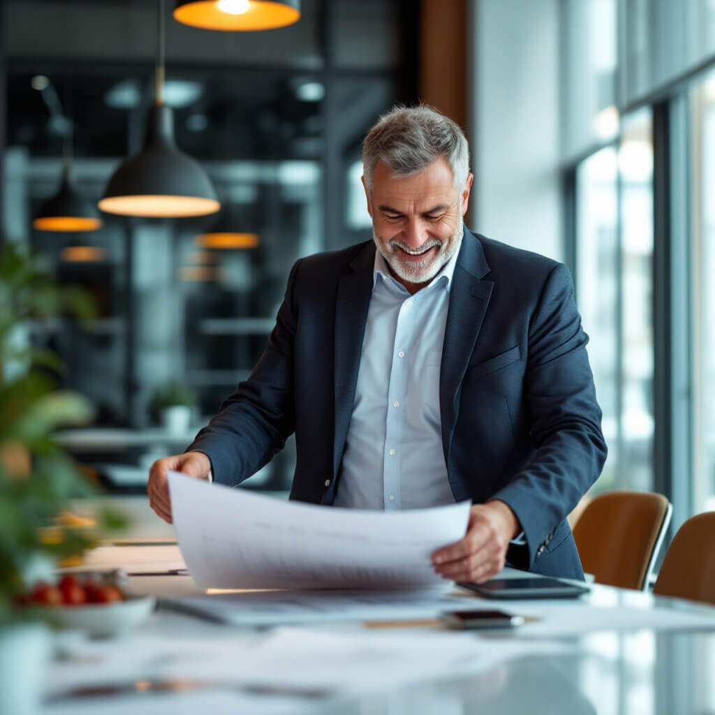 senior businessman stands near conference table smiling